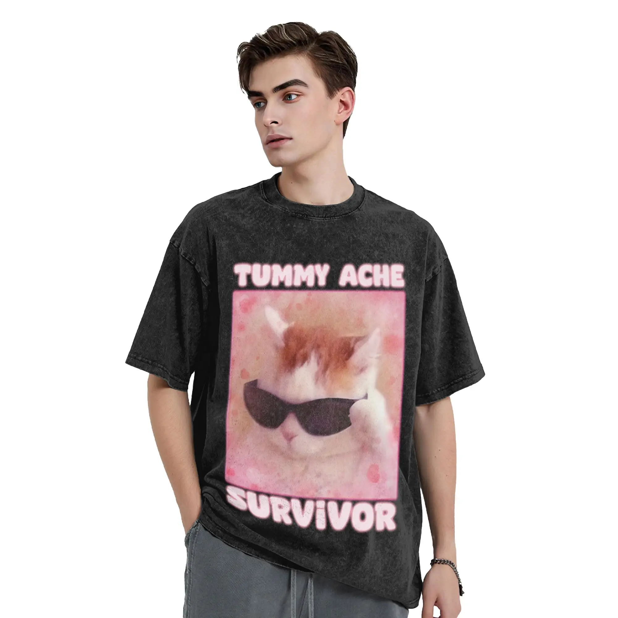 Tummy Ache Survivor Funny Cat Meme Classic Comfort A T-Shirt Oversized Short Sleeve Men's Women's Cotton Tees Tops