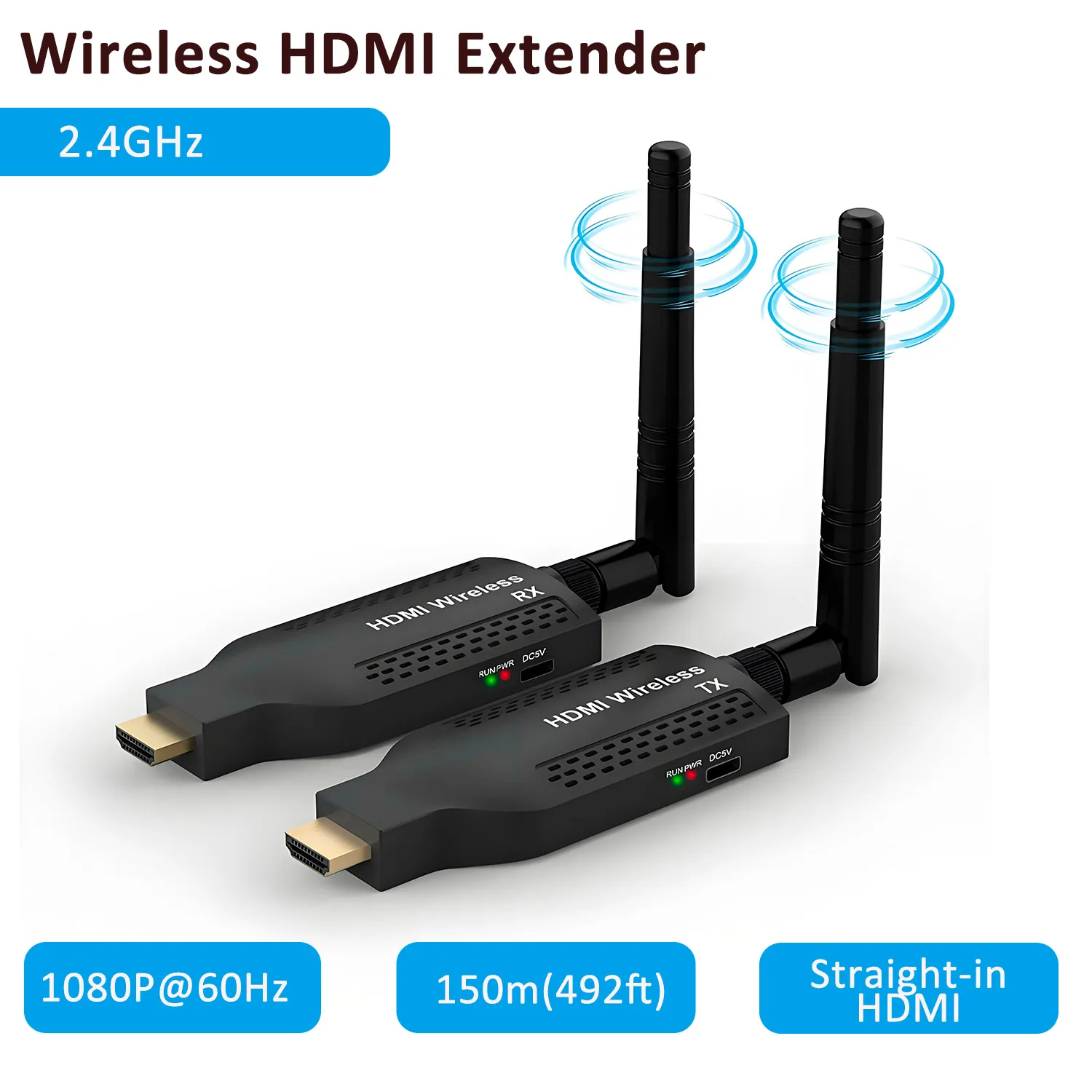 

1080P@60Hz Wireless HDMI Transmitter and Receiver, 150m(492ft) HDMI Extender with Straight-in HDMI Ports, 2.4GHz for Streaming