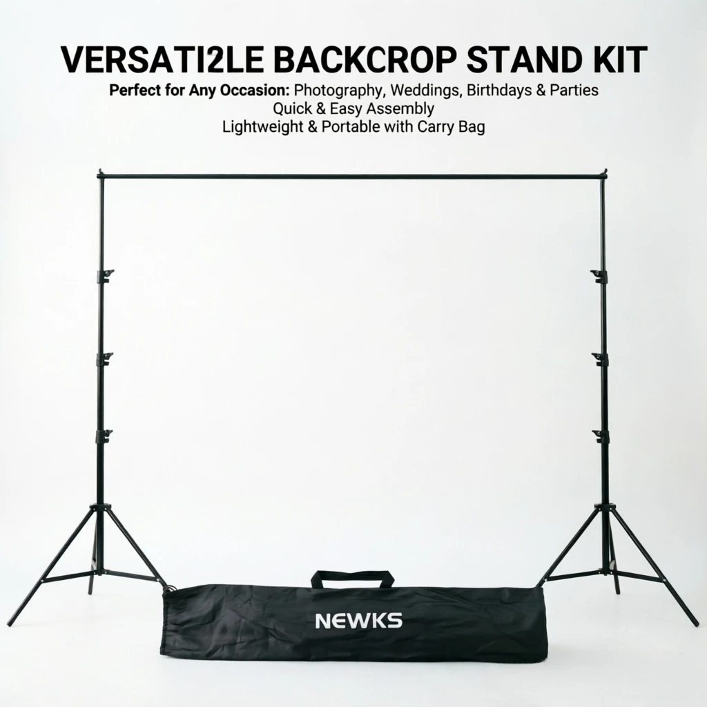 NEWKS 10x10ft Background Support System 300cm/118in, Adjustable Stand with 4 Clamps Bag, Photo Booth for Studio Wedding Party