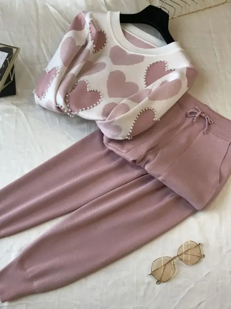 Knitting Two Piece Sets Women Muslim Outfits Knit Pullover Pearls Love Print Sweater Drawstring Trousers Pencil Pants Suit