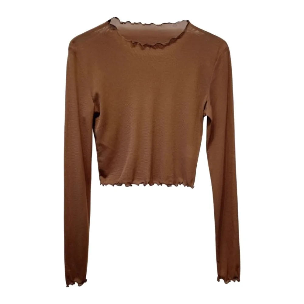 Sexy Short Mesh T Shirt Round Neck Pure Color Lace Tops Long Sleeve Slim Fit Transparent Tops Spring Autumn for Women