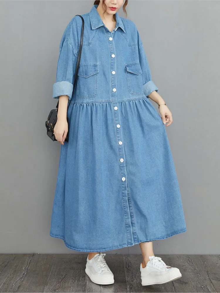 Denim Oversized Autumn Long Shirt Dress Women Ruffle Pleated Fashion Loose Ladies Dresses Long Sleeve Casual Woman Shirt Dress