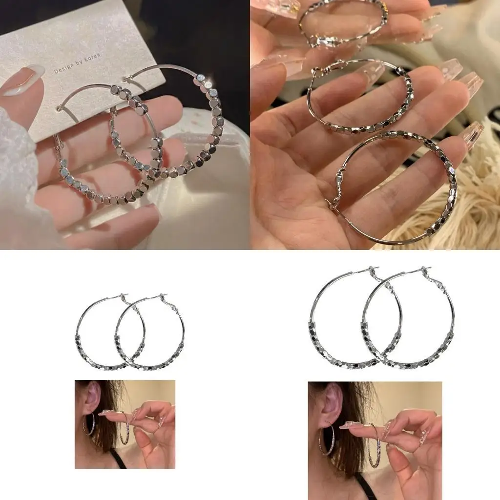 

J78F Large Hooped Earrings Round Circle Earring Tiny Bead Lightweight Jewelry