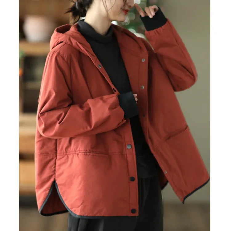 

Retro Cotton Jaet Women's Casual Hooded Thiened Autumn Winter Warm Pure Color Single Button Long Sve Coat