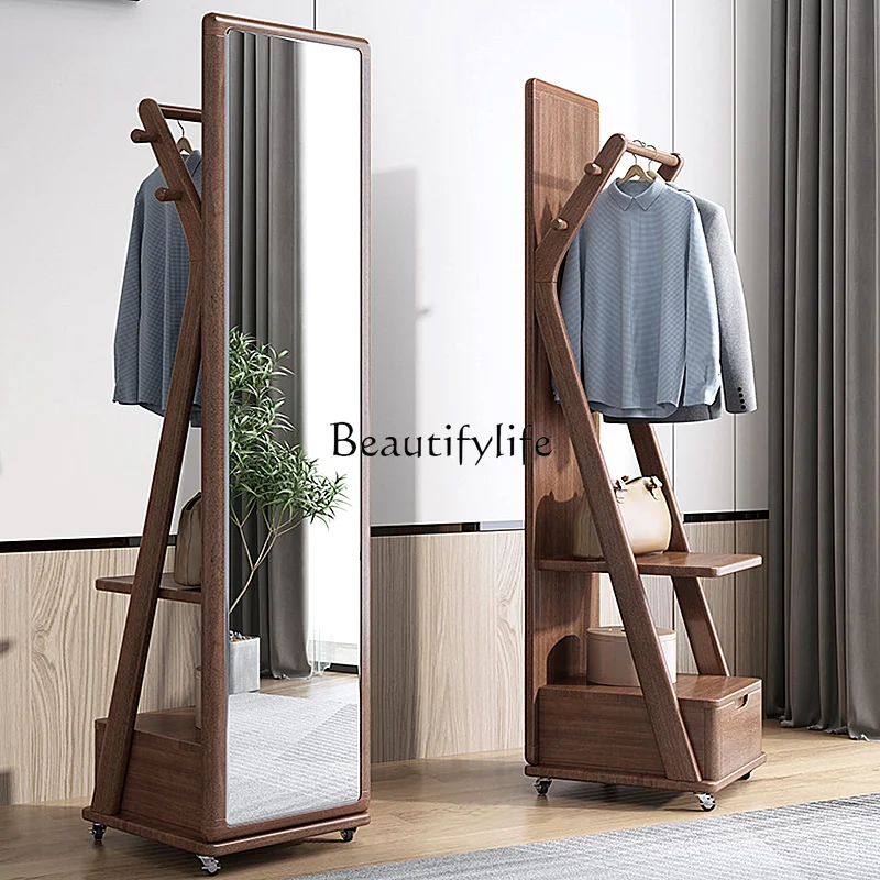 

Chinese-Style Mobile Locker with Pulley Full-Length Mirror Hanger Clothes Integrated Solid Wood Rotating Full-Length Mirror