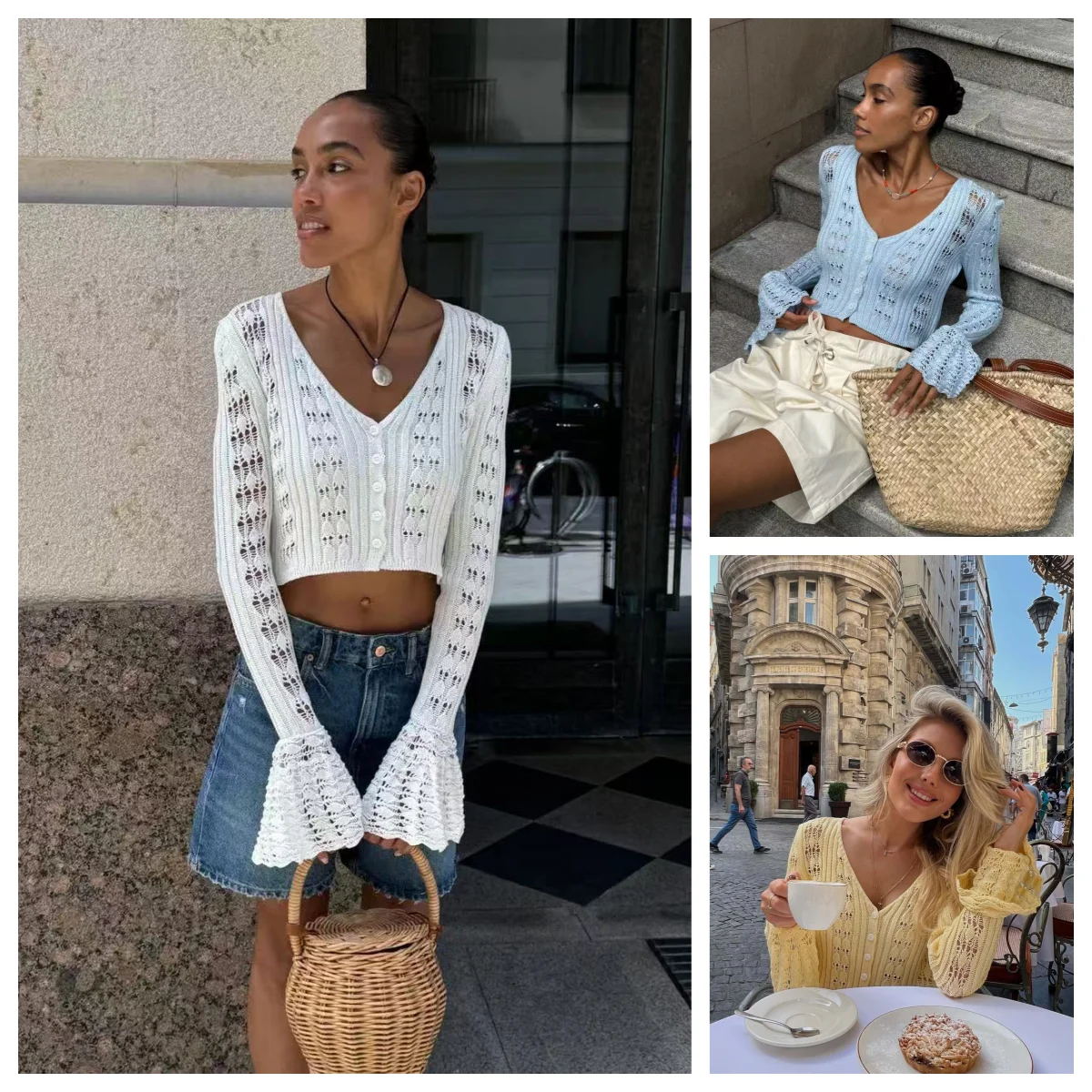 

Sexy Hollow Out Cardigan Sweater Women 2025 New Summer Female Solid V-Neck Short Knitted Top ashion Casual Loose Knitwear Female