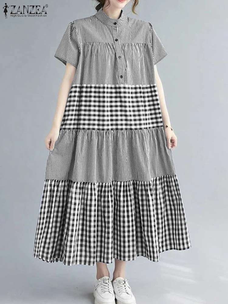 ZANZEA Vintage Gingham Shirtdress Plaid Patchwork Elegant Stand Collar Loose Casual Midi Robes Short Sleeve Women Tiered Dress