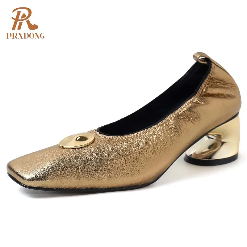 

PRXDONG Brand 2025 New Fashion Spring Summer Shoes Med Heels Square Toe Gold Silver Dress Party Office Lady Pumps Size 34-39