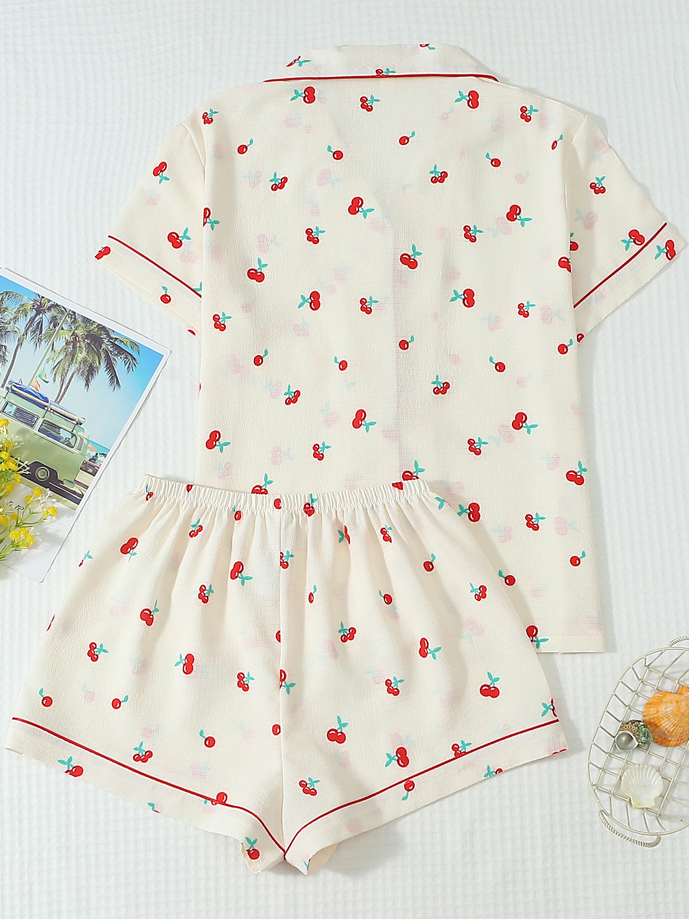Two-Piece Set: Comfortable Apricot Base with Red Trim, Small Cherry Print, Button-Down Short-Sleeve Top with Pockets and Bow Shorts, Spring/Summer Women's Pajama Loungewear Set Suitable for Home Use