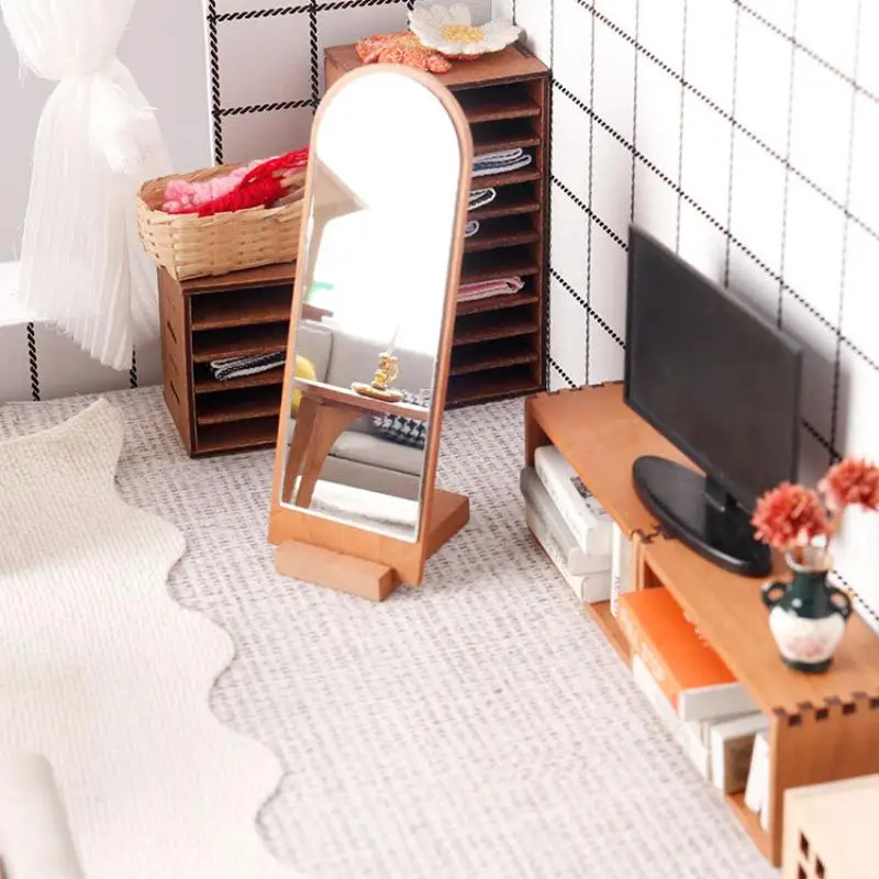 1/12 Dollhouse Wooden Full-length Mirror Model Dollhouse Furniture Ornament Doll House Micro Scene Decor Accessories