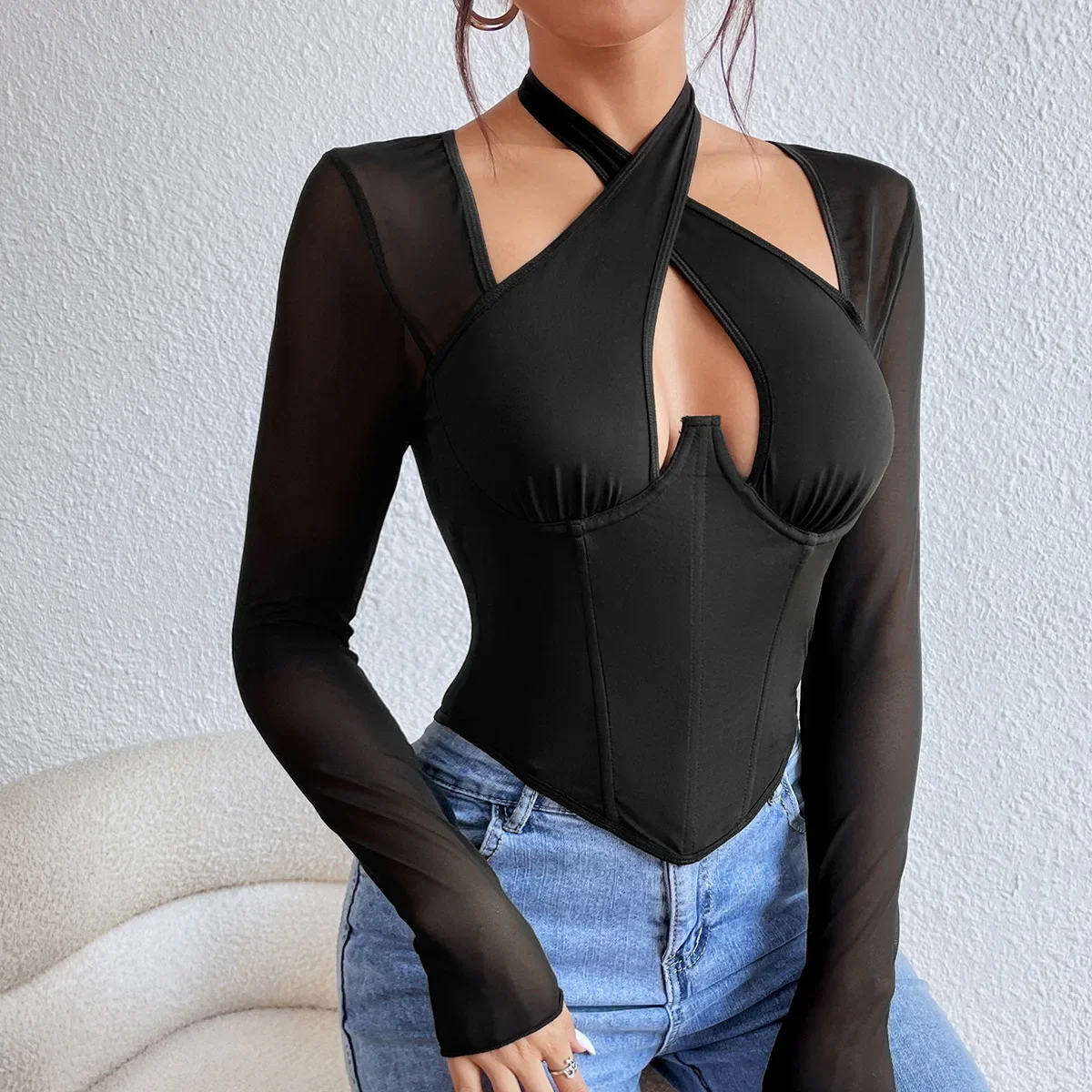 

New Spicy girl cross necked low cut perspective long sleeved t-shirt steel ring fishbone waist tied Gothic top CYDZ9236