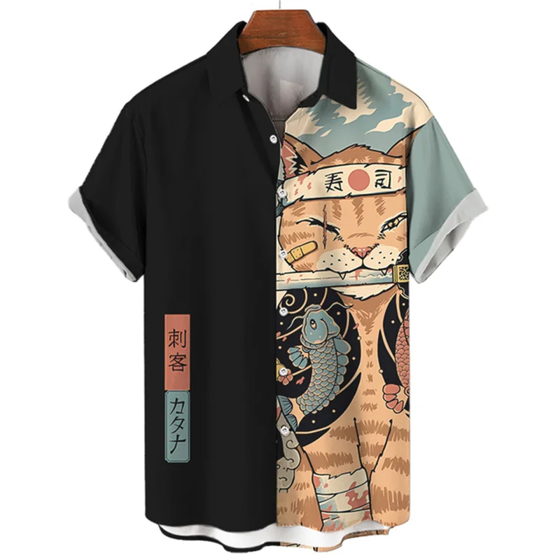 

Japanese Samurai Cat Print Men's Shirt Summer Boutique Short Sleeve T-Shirts Casual Lapel Button Tops Fashion Unisex Loose Tees