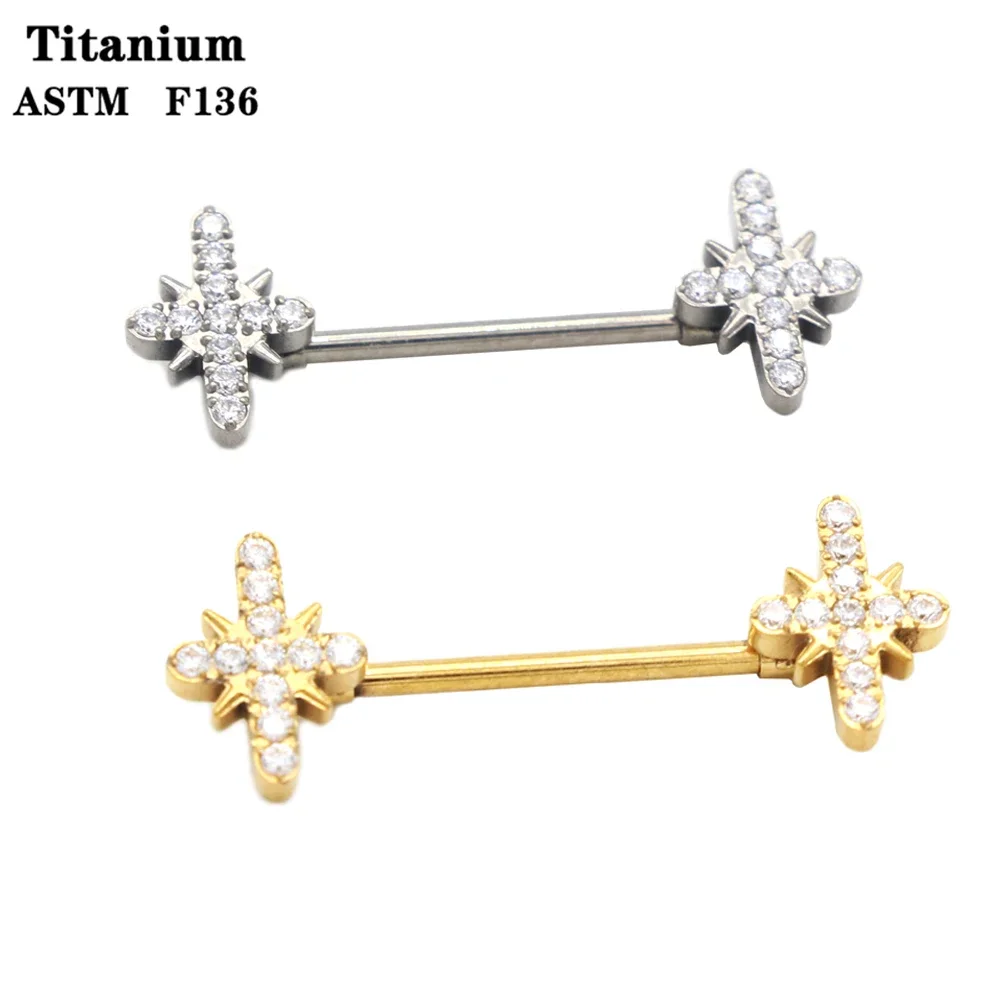 

F136 Titanium Nipple Ring Crystal Zircon Gem Cross Straight Barbell Fashion Body Piercing Jewelry 16G