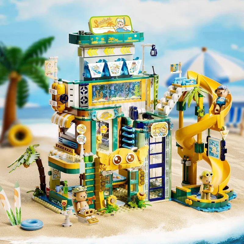 

Little Bear Summer Sunshine Surfing Park Building Blocks Small Particle Assembly Toy Model Street Scene Ornament Gift