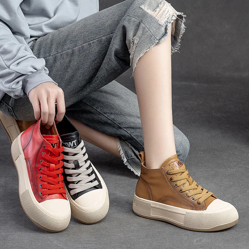 GKTINOO Spring Autum High Top Women Sneakers Genuine Leather Lace-Up Casual Shoes Handmade Concise Platform Sneakers