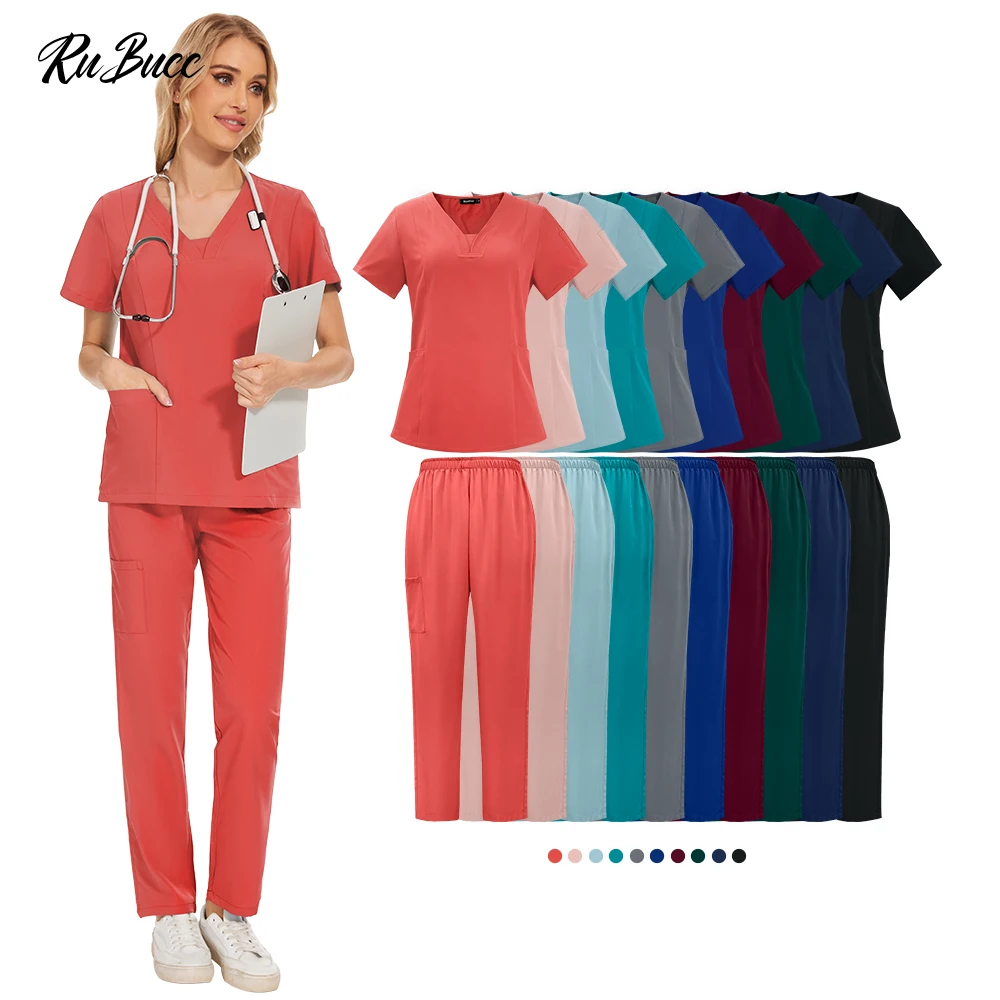 Nurse Uniforms Elatic Solid Color Scrubs Tops Pants Set Women Men Dental Hospital Surgical Suits Pet Clinic Vet Medical Uniforms