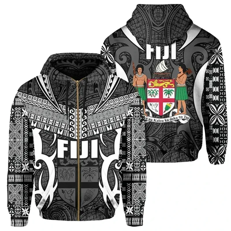 

Fiji Flag Graphic Zip Hoodies For Men Women National Emblem 3D Printed Sweatshirts Autumn Loose Kids Long Sleeve Zipper Pullover