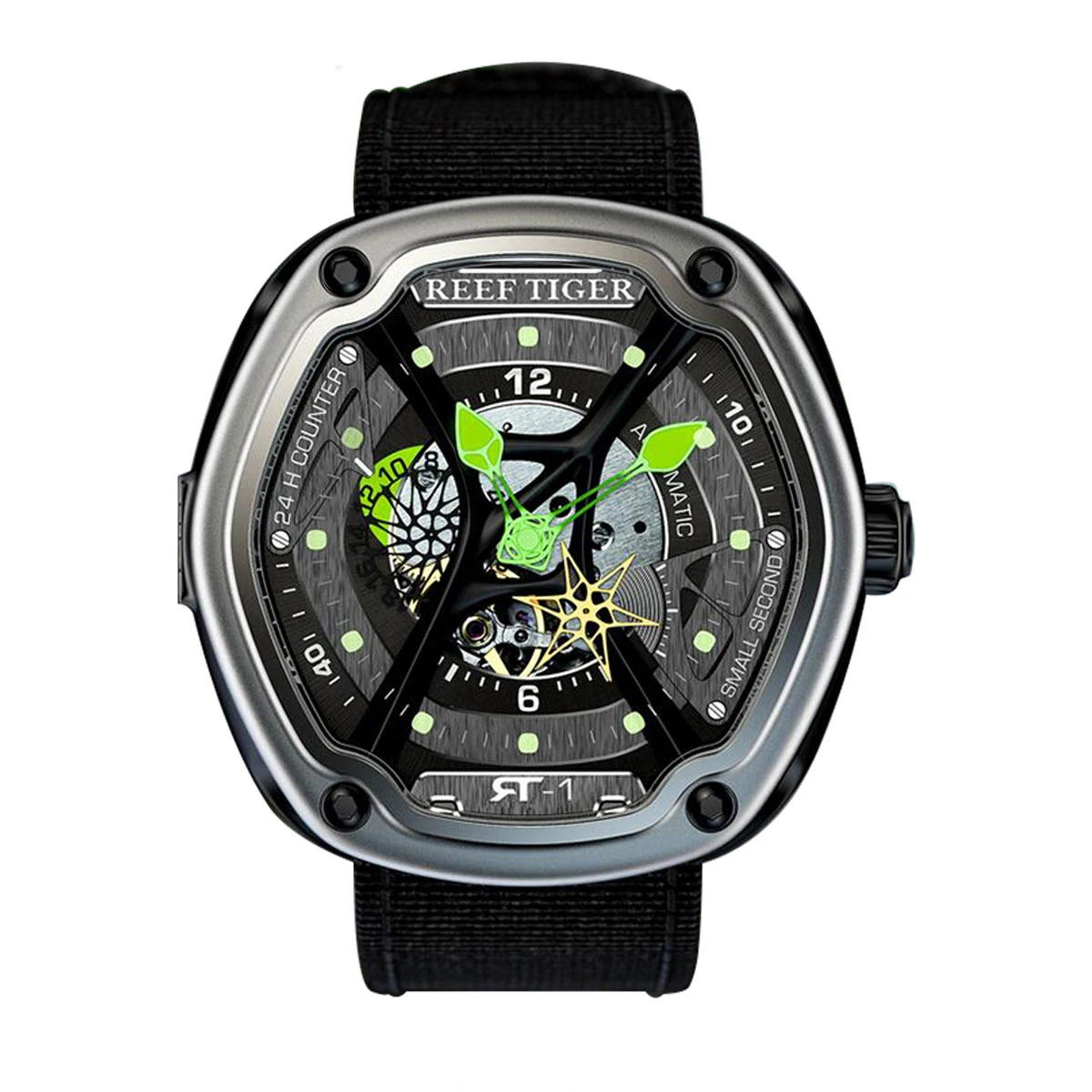 Reef Tiger Men Automatic Watch Fashion Tonneau Mechanical Wristwatch 10ATM Waterproof Luminous Sapphire Skeleton Dial RGA90S7