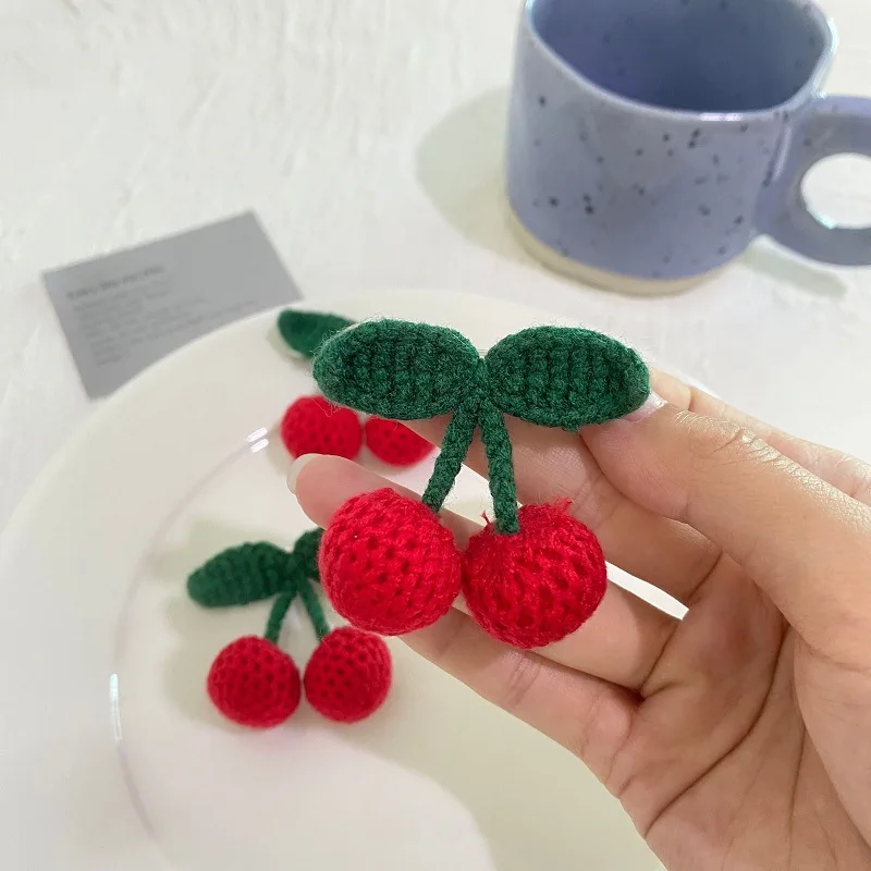 2/5Pcs Cotton Hand-knitted Woolen Green Leaf Red Cherries Crafts DIY Earrings Pendant Hair Hat Bag Key Ring Clothing Accessories