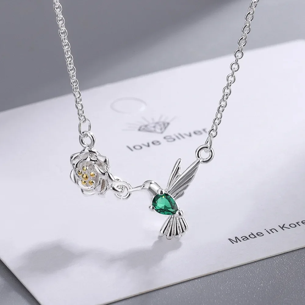 925 Sterling Silver Lovely Branch Green Bird Choker Pendant Necklace for Women CZ Zircon Pretty Necklace Wedding Party Jewelry