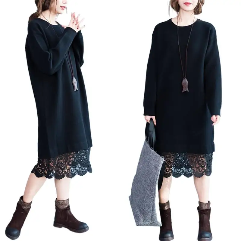 

2024 Autumn Korean Ladies Patchwork Lace Thick Warm Long Sleeve Dress Ladies Female Loose Dresses Vestidos Roupas femininas