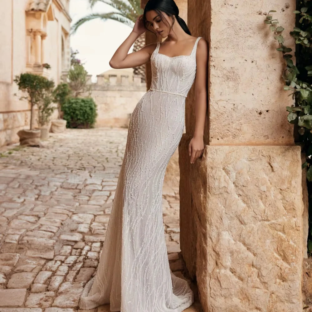 Customized Sparkling Beaded Pearls Wedding Dress Modest Square Neck Thin Straps Bridal Gown Luxury Mermaid Bridal Gown
