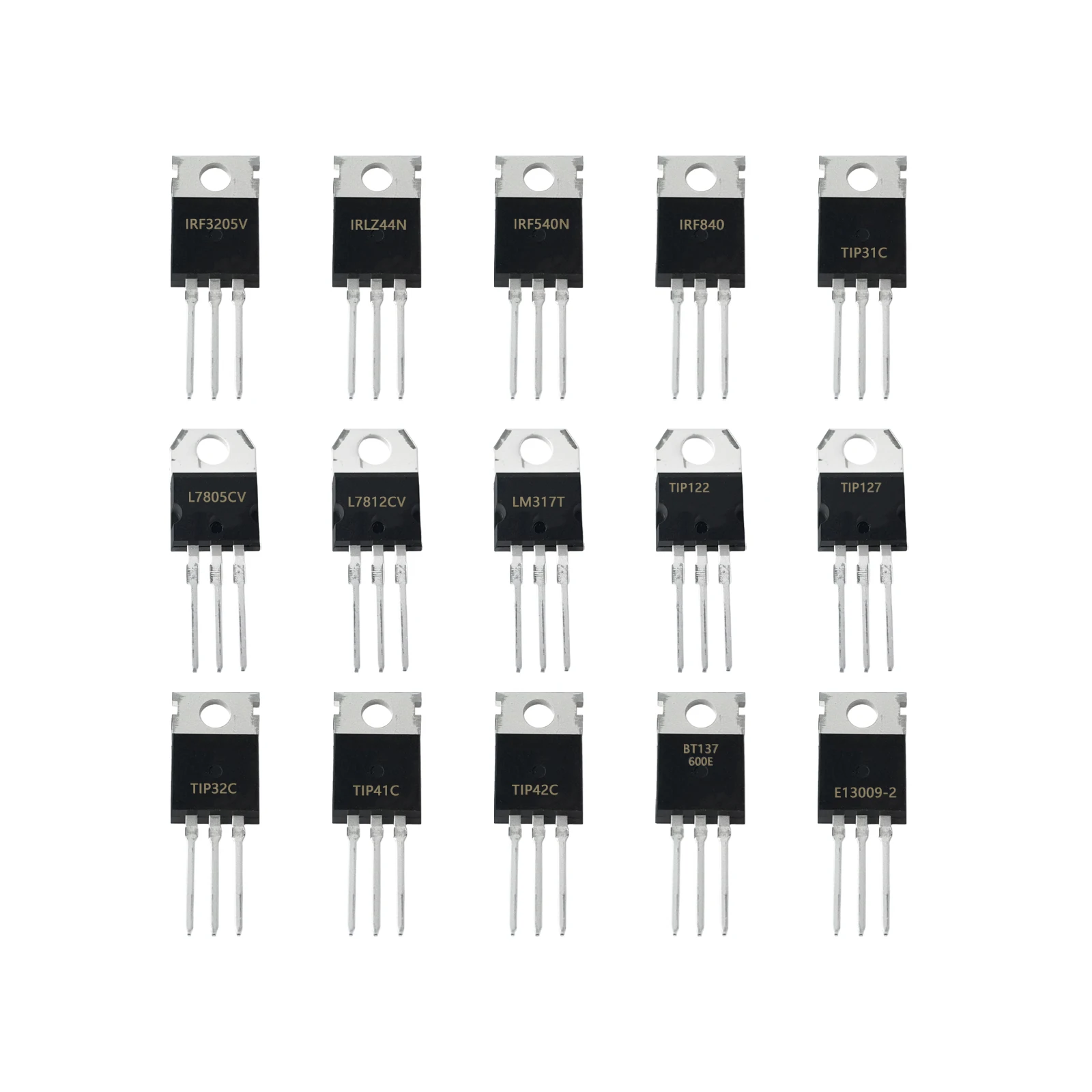 15 Values TO-220 Kit TIP IRF3205/IRLZ44N/IRF840/L7805CV/L7812CV/LM317T/122/127/31C/32C/41C/42C/BT137-600E/E13009-2 Total 30 Pcs