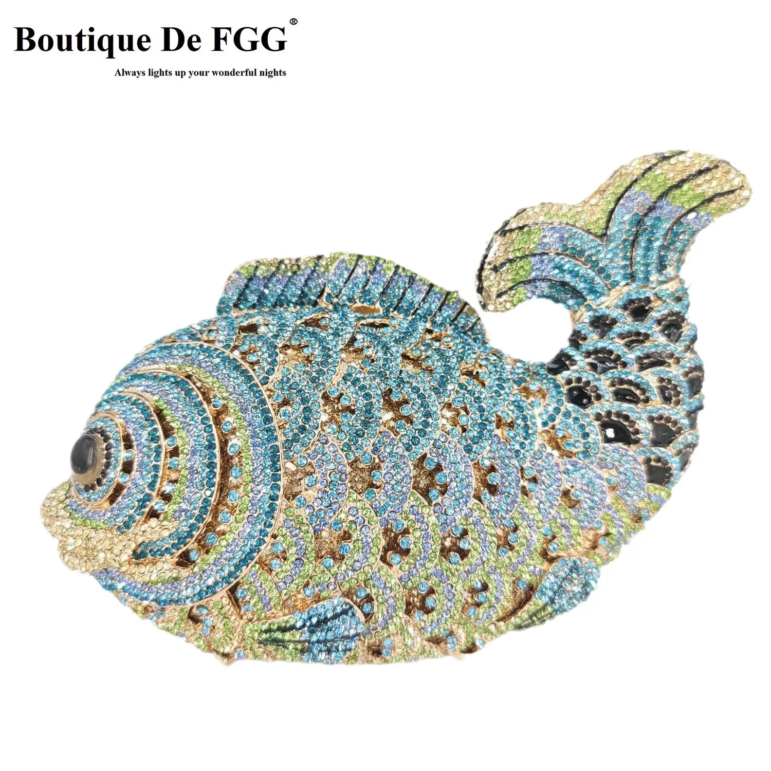 Boutique De FGG Light Blue Sapphire Fish Clutch Women Crystal Evening Bags Bridal Wedding Rhinestone Minaudiere Handbbags Purses