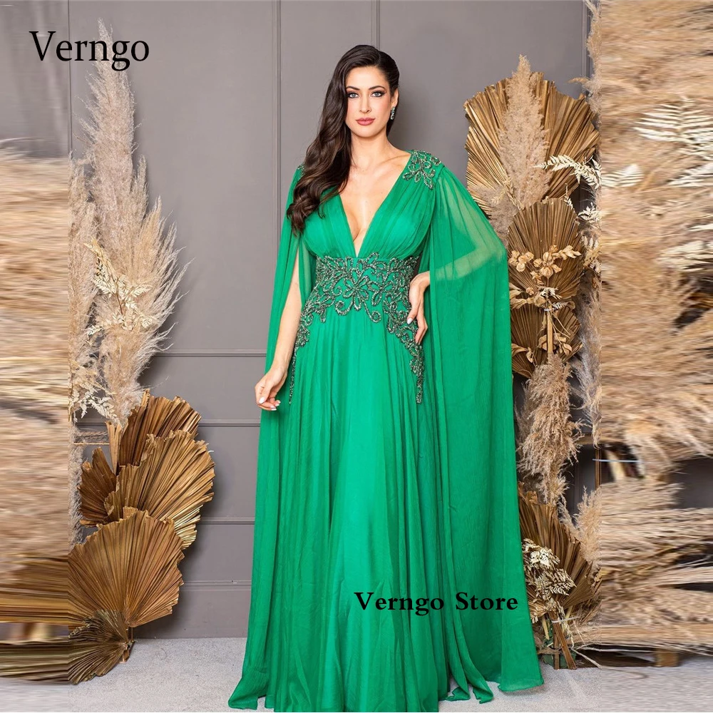 

Verngo Elegant Emermald Green Silk Chiffon Formal Evening Dresses Long Cape Sleeves V Neck Embroidery Beads Dubai Prom Gowns
