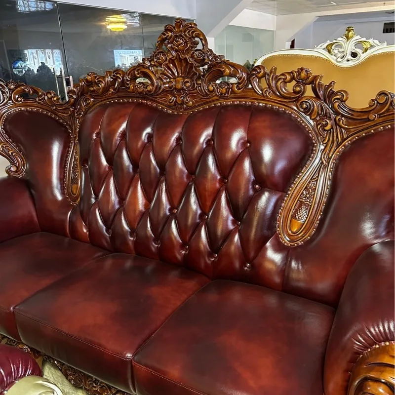 European Furniture Factory Oak Leather Material European Sofa Stock Showroom Sample Special Treatment