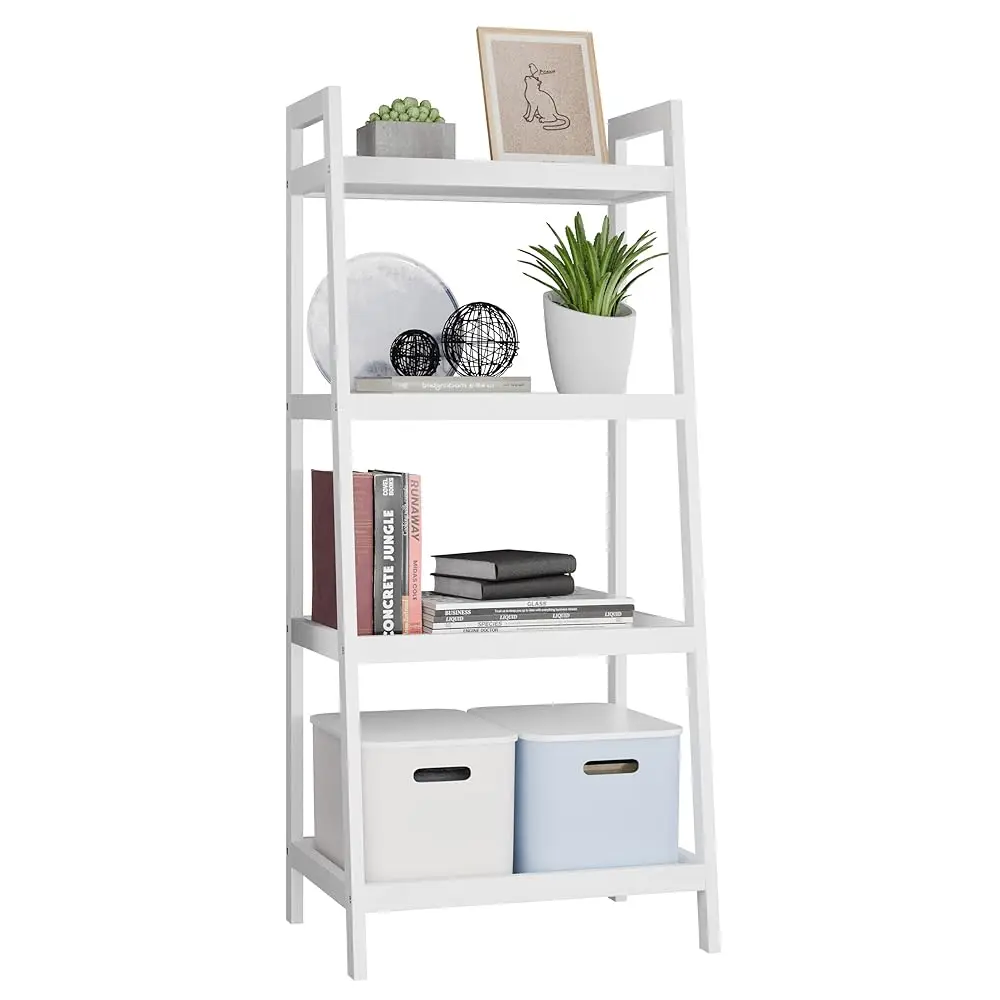 

Ladder Shelf, 4 Tier Bamboo Bookshelf, Bathroom Storage Organizer Plant Display Stand, Freestanding Open Shelving Unit With