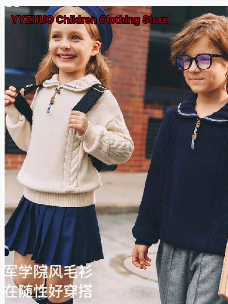 Koala Nose Kids Autumn Winter Cable Knit Sweater Navy Style Warm Solid Color
