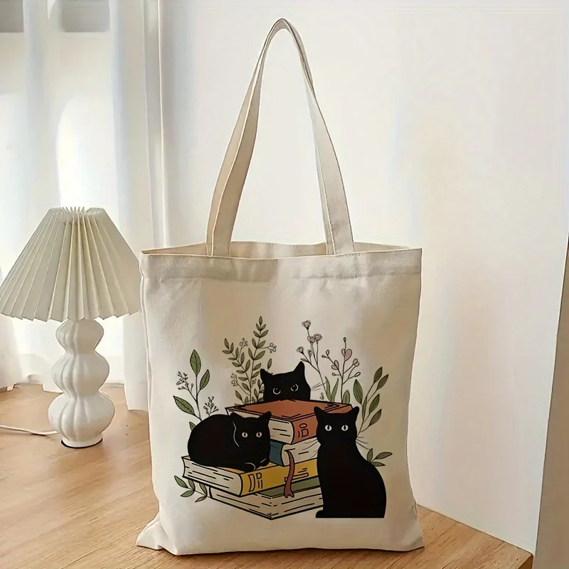 Black Cat Book Floral Canvas Handbag Grocery Double-Sided Handbag Storage Bag Large Tote Bags for Women Foldable Shopping Bag