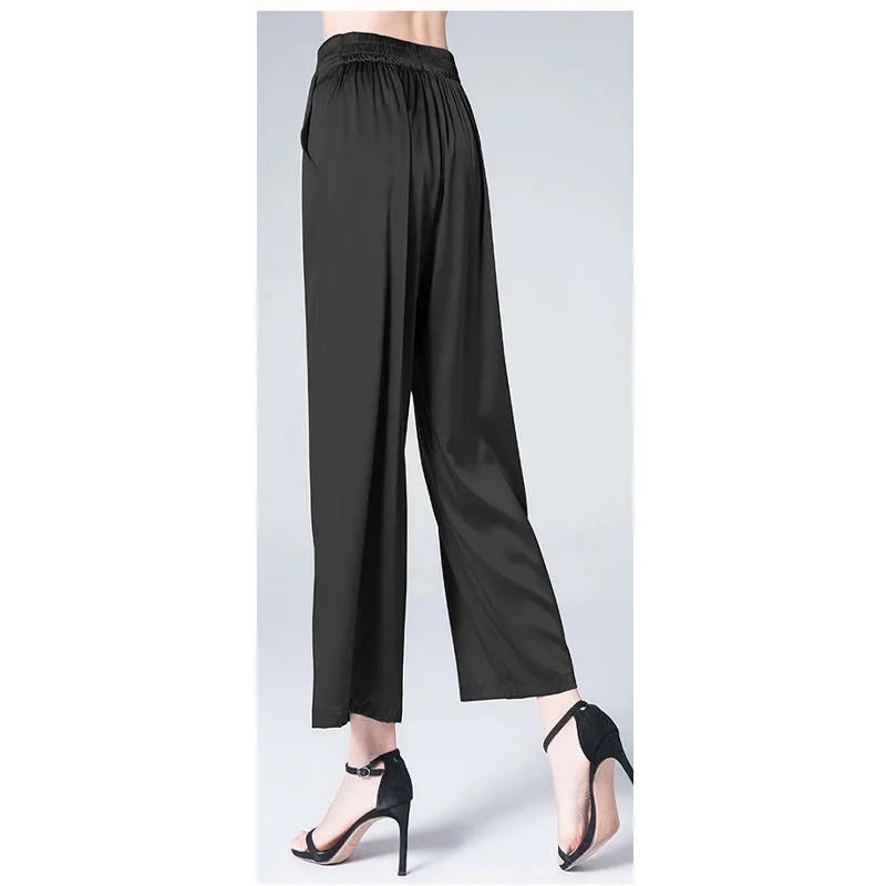 Silk Women's Summer Pants 100% Mulberry Silk Black Wide Leg Pants Elegant Temperament Large size 5XL Fat Girl Comfortable  Cool