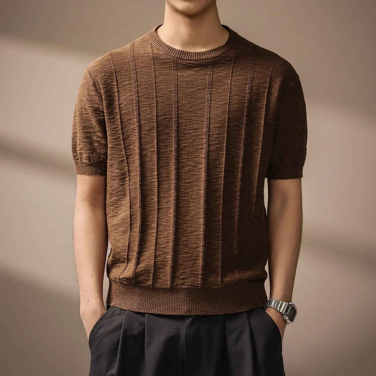 Flax Texture Tough Guy Short-sleeved Knitted Sweater Men's Summer New Vertical Strip Round Neck T-shirt Men's