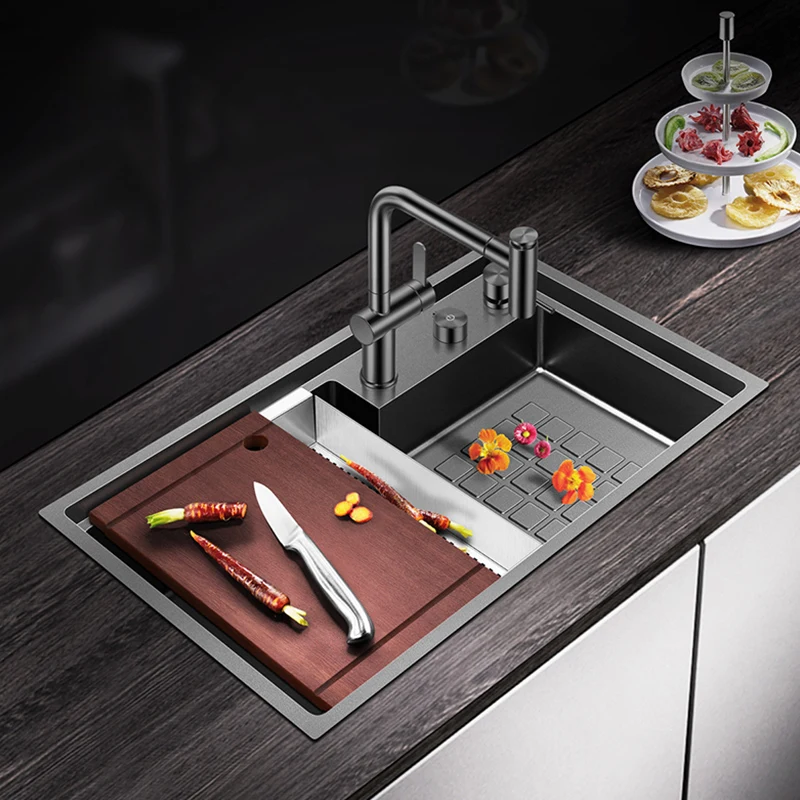 

Large Size Nano Black Handmade Stepped Kitchen Sinks 304 Stainless Steel 4mm Thickness 220mm Depth Single