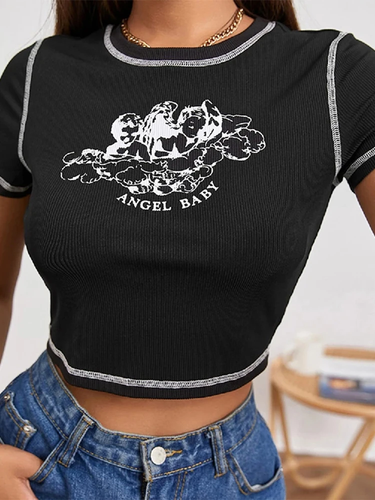 Women\'s Stylish Angel Letter Printed T-Shirt Short Sleeve Round Neck Contrast Stitch Slim Fit Wild Casual Crop Tops for Summer