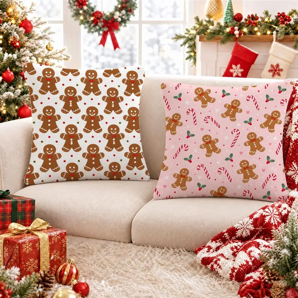 istmas Gingerbread Man Candy Cane Scatter Pattern Cushion Cover Short Plush Pillowcase, Sofa Bedroom Home Decor & Holiday Gift