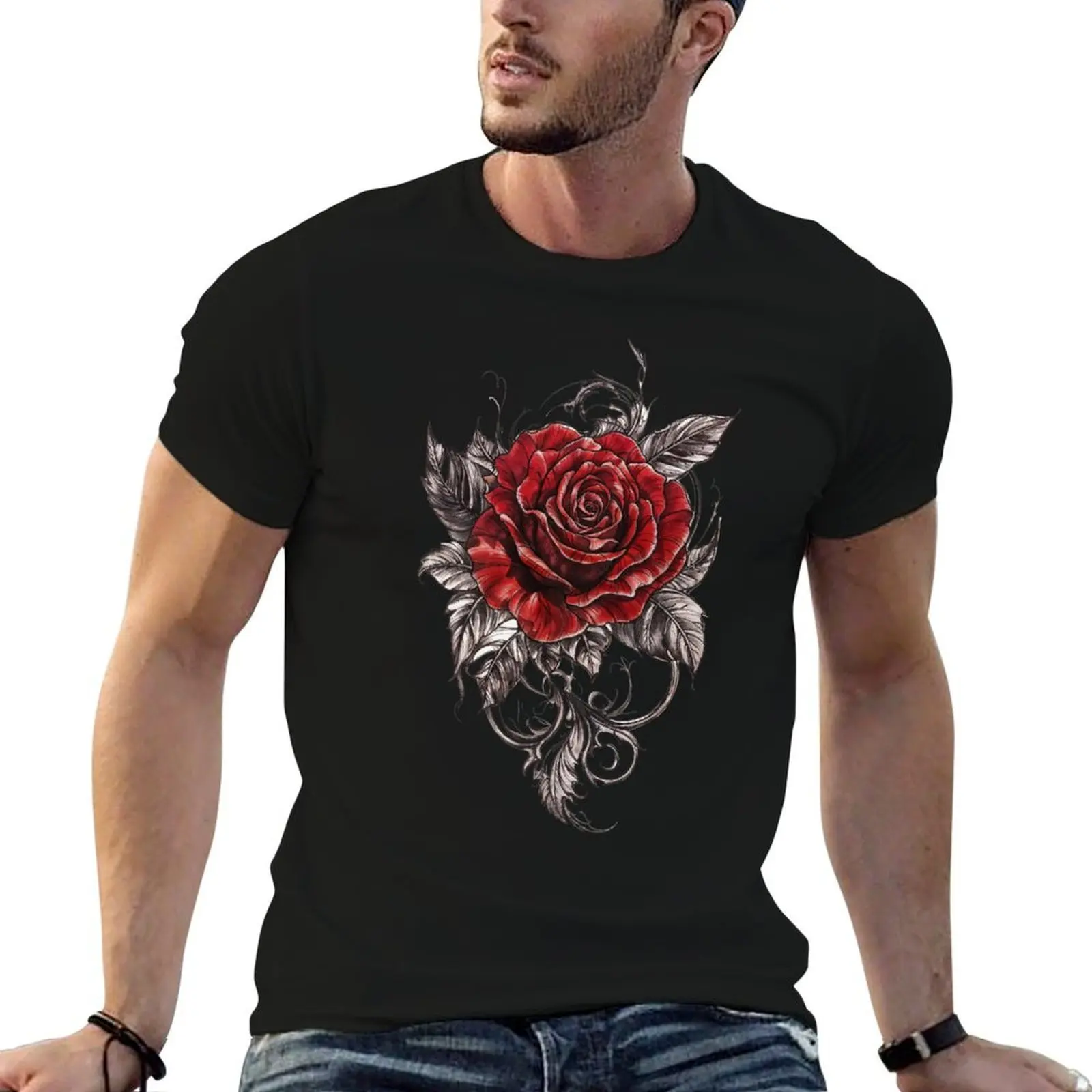 Gothique rouge Rose Floral tatouage conception avec éléments baroques Vintage T-Shirt g homme t-shirts pour hommes coton T-Shirt pack T-Shirt
