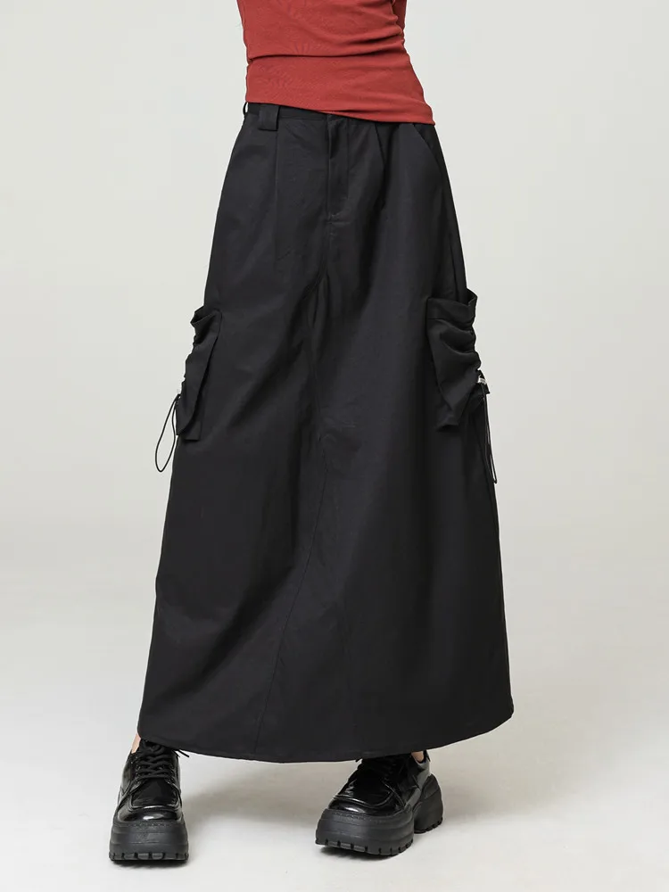 Harajuk Black American Retro High Waist A-line Long Skirt Women Y2K Street Drawstring Pocket Cargo Skirt Jupe Longue Femme