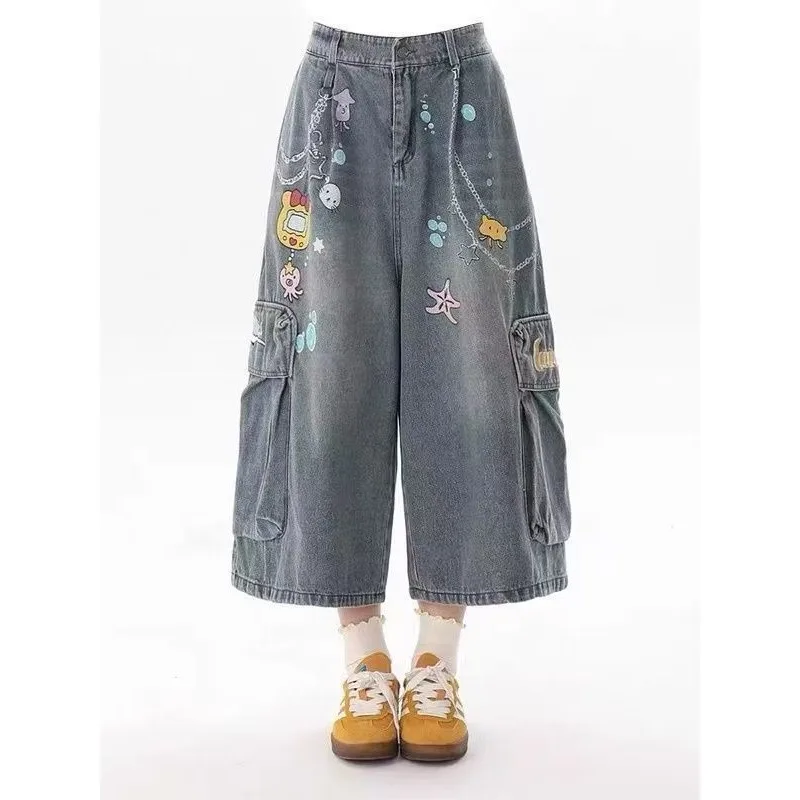 

Women's Cropped 3/4 Cargo Denim Jeans, American Mickey Print Chain Pendant, Wide Leg Spicy Girl Figure-Flattering Streetwear