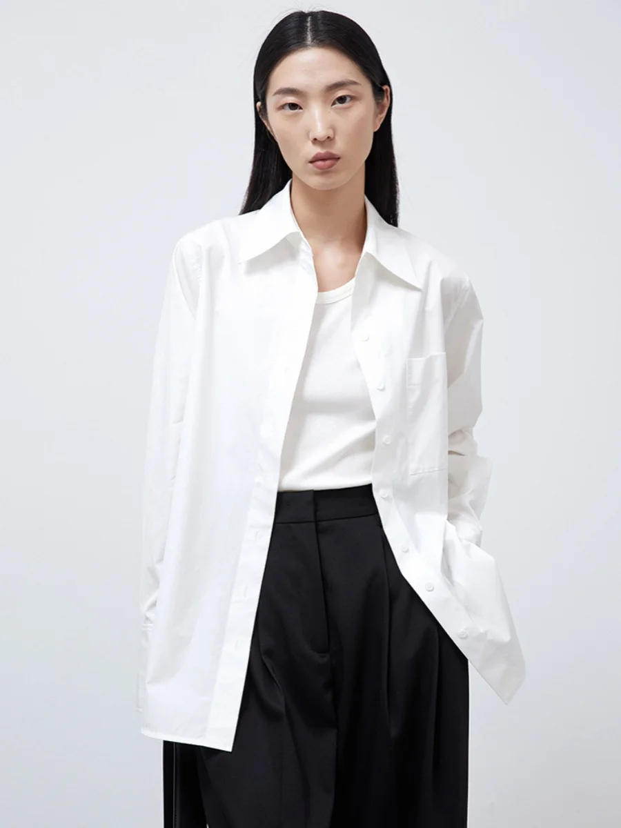 

Spring 2024 Women's Basic Sle White irt Loose Casual Top Trendy New Arrival Polyester Long Sve Collar Mid-Length