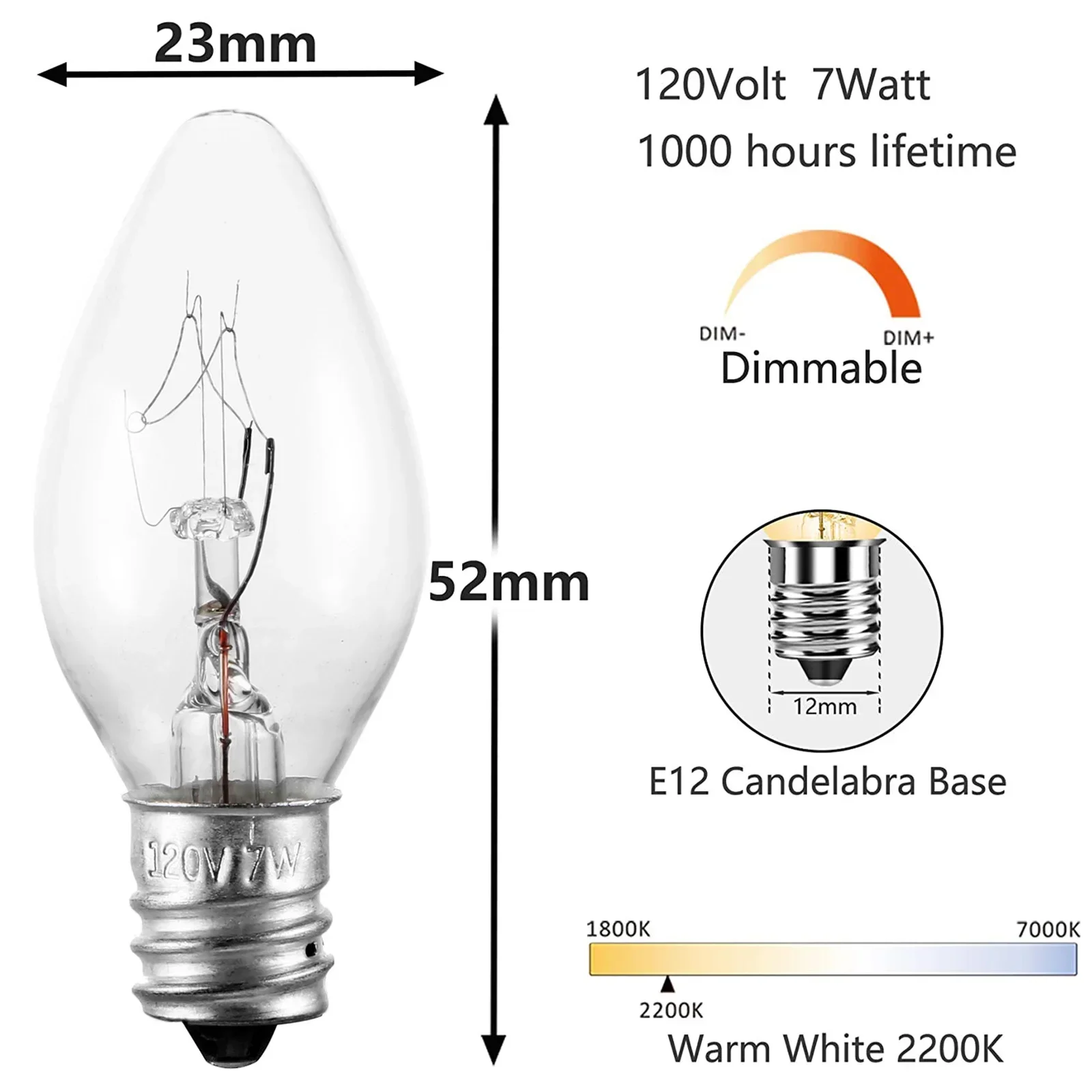 10pcs/set C7 7W/10W E12 Bulbs 110v/220v 52*23mm/2.05*0.91in Christmas Chandelier Plug-in Flea Trap Salt Lamp Candle Light Decor