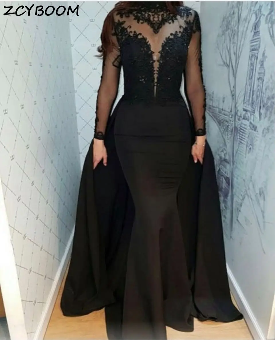 Preto sereia vestidos de noite 2022 elegante feminino festa formal noite sexy alta pescoço rendas apliques ilusão cetim longo vestidos formatura