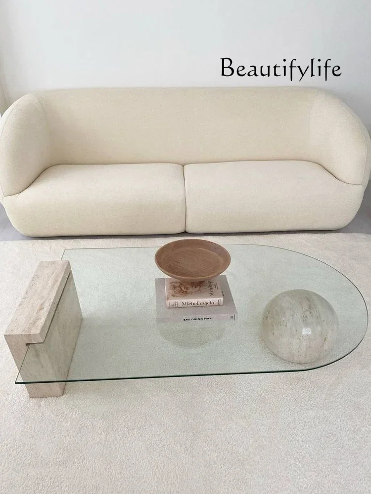 

Minimalist natural travertine spherical legs coffee table transparent tempered glass small apartment short coffee table