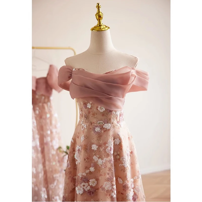 Robe de soirée à paillettes roses, en tulle, motifs floraux, manches courtes, ligne A, longueur au sol, B2903