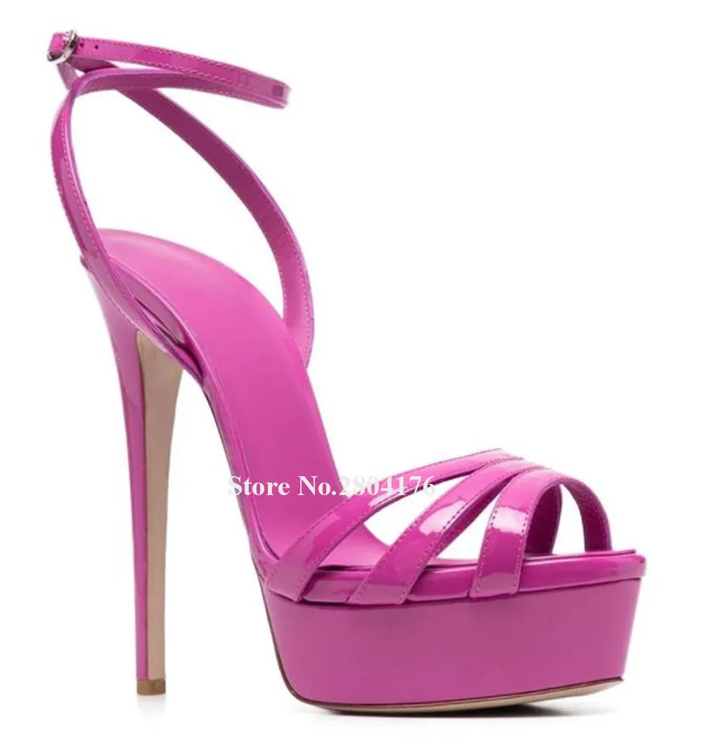 Women Sexy Thin Straps Stiletto Heel Sandals Rose Red Pink Yellow Patent Leather High Platform Thin Heel Dress Shoes