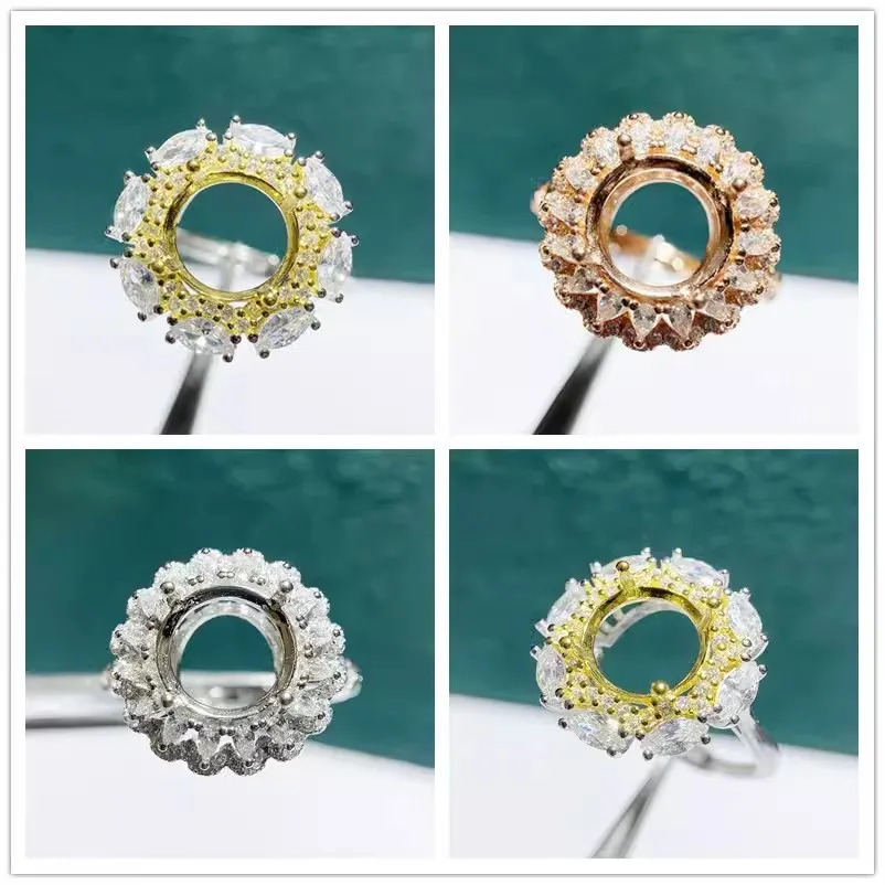 

MeiBaPJ 10mm Round Stone 925 Sterling Silver zircons Flower Ring Holder DIY Empty Support for Women Fine Charm Jewelry