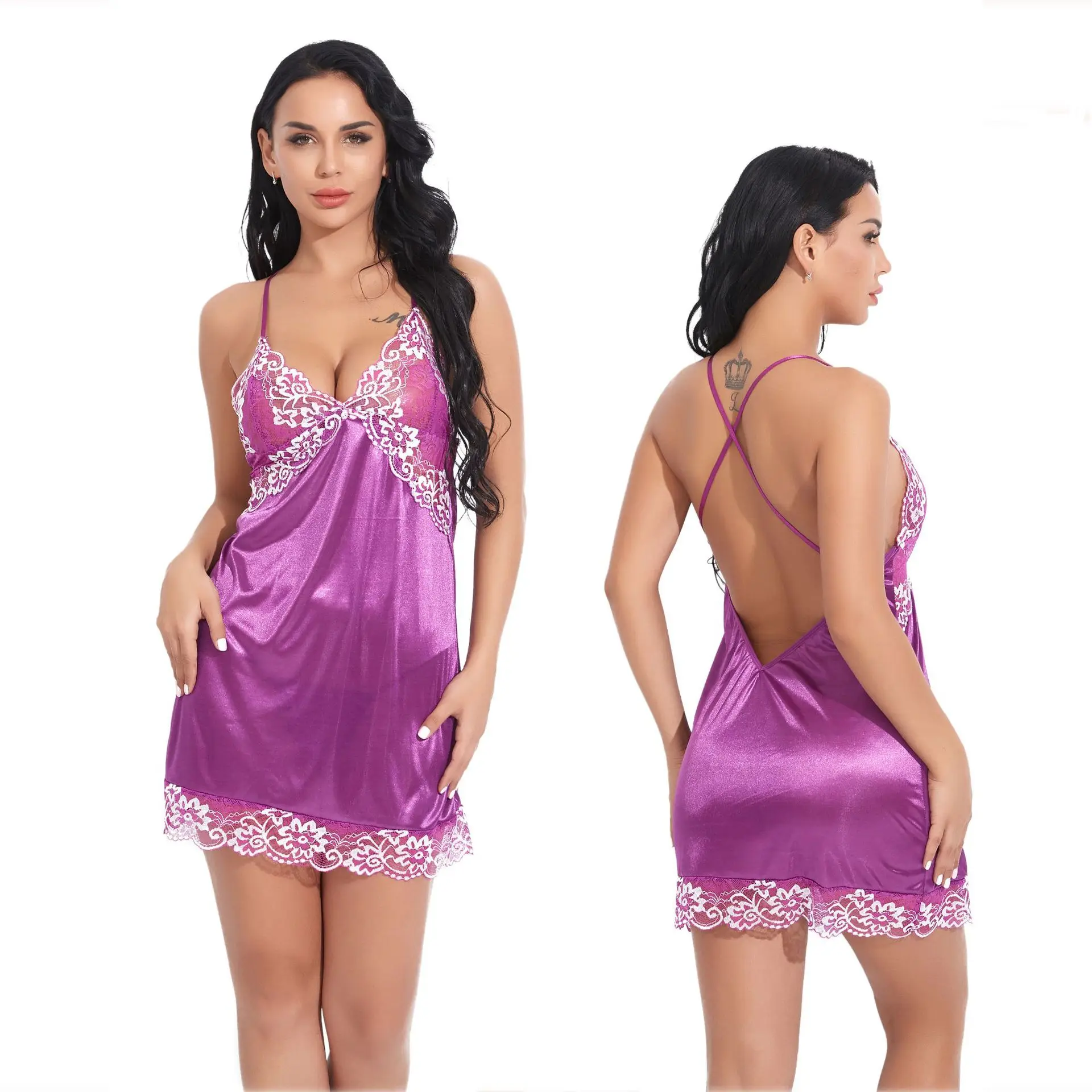 Hot Sexy Womens Open Crotch Sleepwear V Neck Silk Nightdress Summer Sleeveless Sling Underwear Plus Size Lace Babydoll Sex Dress