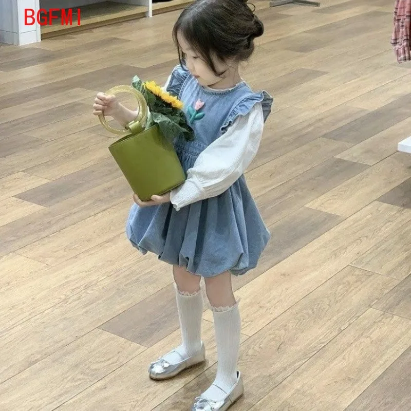 Korean Kid Girls Spring Summer Sweet Denim Tank Top Skirt 2024 New New Girl Baby Beige Shirt+ Denim Blossom Skirt 2pcs Outfits